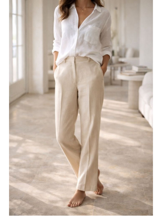 Liz Claiborne Pants - Liz Claiborne LizGolf Silk Linen Pants Beige Straight Leg Minimal Quiet Luxury